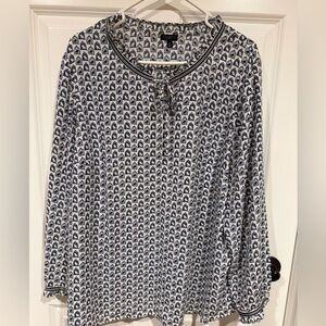 Talbots Blouse Top size 2X, Navy Blue White Bird Cage Novelty Flowy Tunic Career